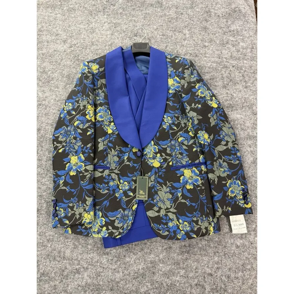 Pietro Scarlatti Mens Suit Tuxedo US 44 EU 54 Floral Blazer Vest Pants Blue T5